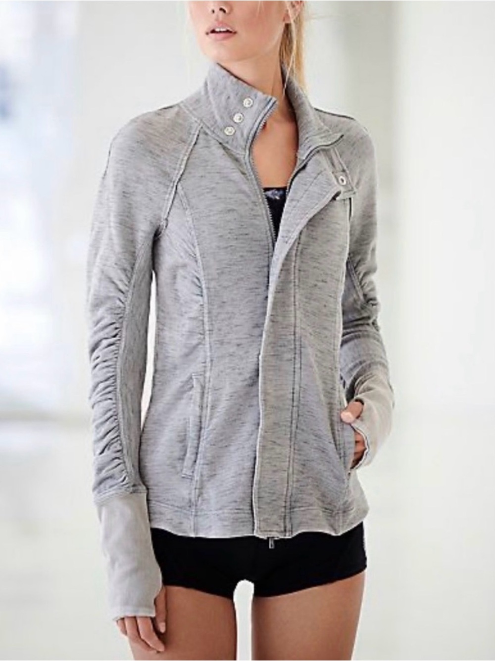 Free People FP Movement Cool Zip Jacket Small Gray Moto Ruched